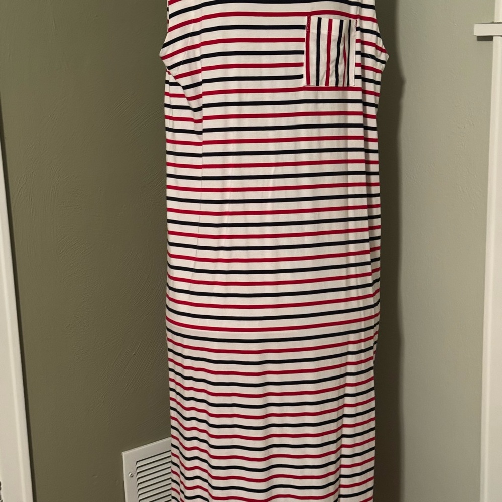 LOFT Red and Navy striped maxi dress